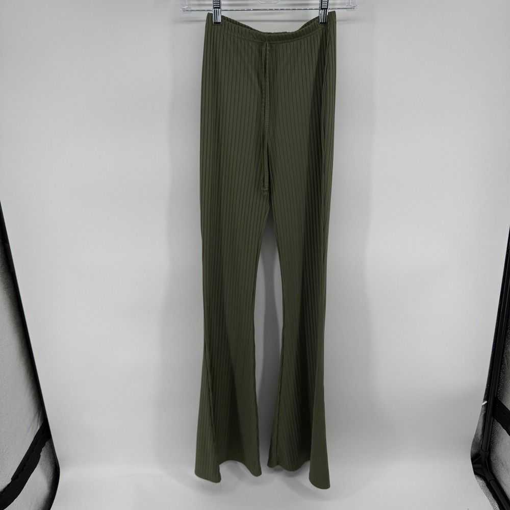 Nasty Gal Collection Ribbed Flare‎ Pants Olive Green High Rise Size 2